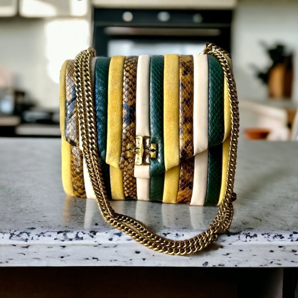 Tory Burch Striped Yellow Green Cream Snakeskin Chain Crossbody Bag